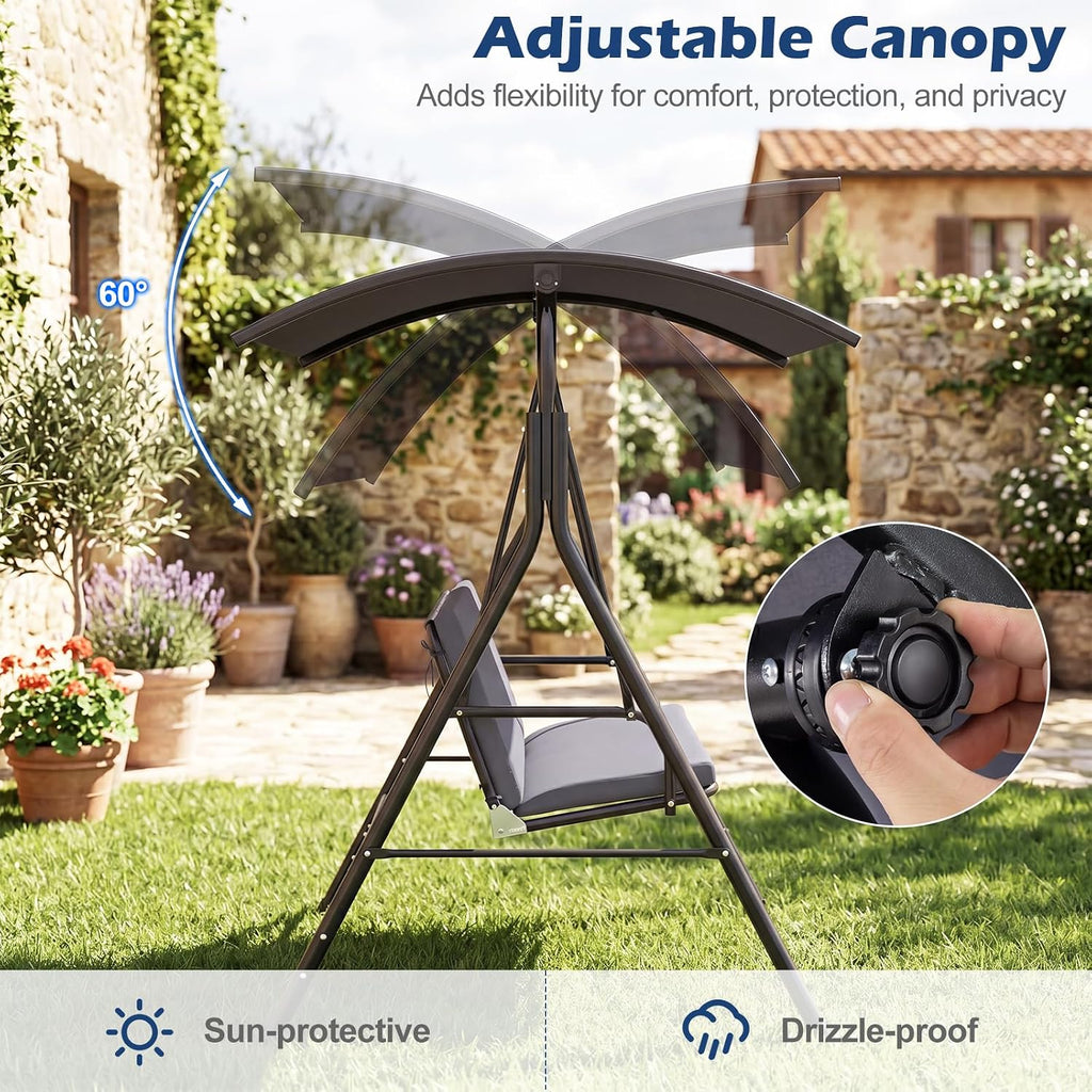 2 Person Porch Swing, Outdoor Swing with Removable Cushions, Solid Metal Structure, Patio Swing with Adjustable