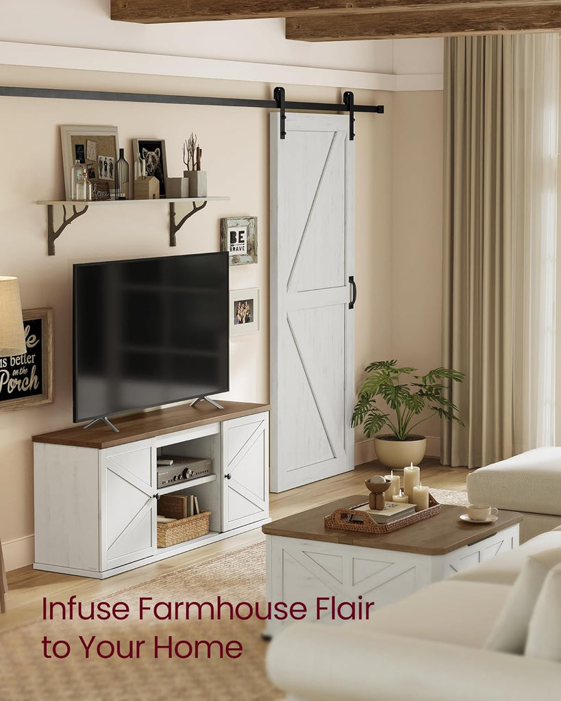 Farmhouse TV Stand for TVs up to 65 Inches, Entertainment Center with Storage Cabinets and Sliding Barn Doors, Media