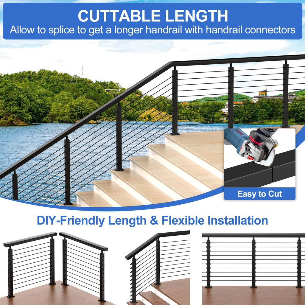 10FT Stainless Steel Cable Railing Handrail, Black Rectangular Handrail for Indoor Outdoor Deck Stair Cable Railing