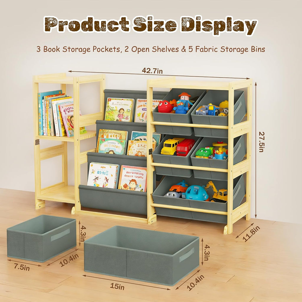 Kids Book and Toy Storage Organizer with Bins and Side Shelves | Solid pine wood frame with front book display for