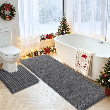 Upgrade Luxury 2 Piece Dark Gray Toilet Bathroom Rug Mat U Shape 24"x20"+48"x20", Ultra Soft Thick Absorbent Bath
