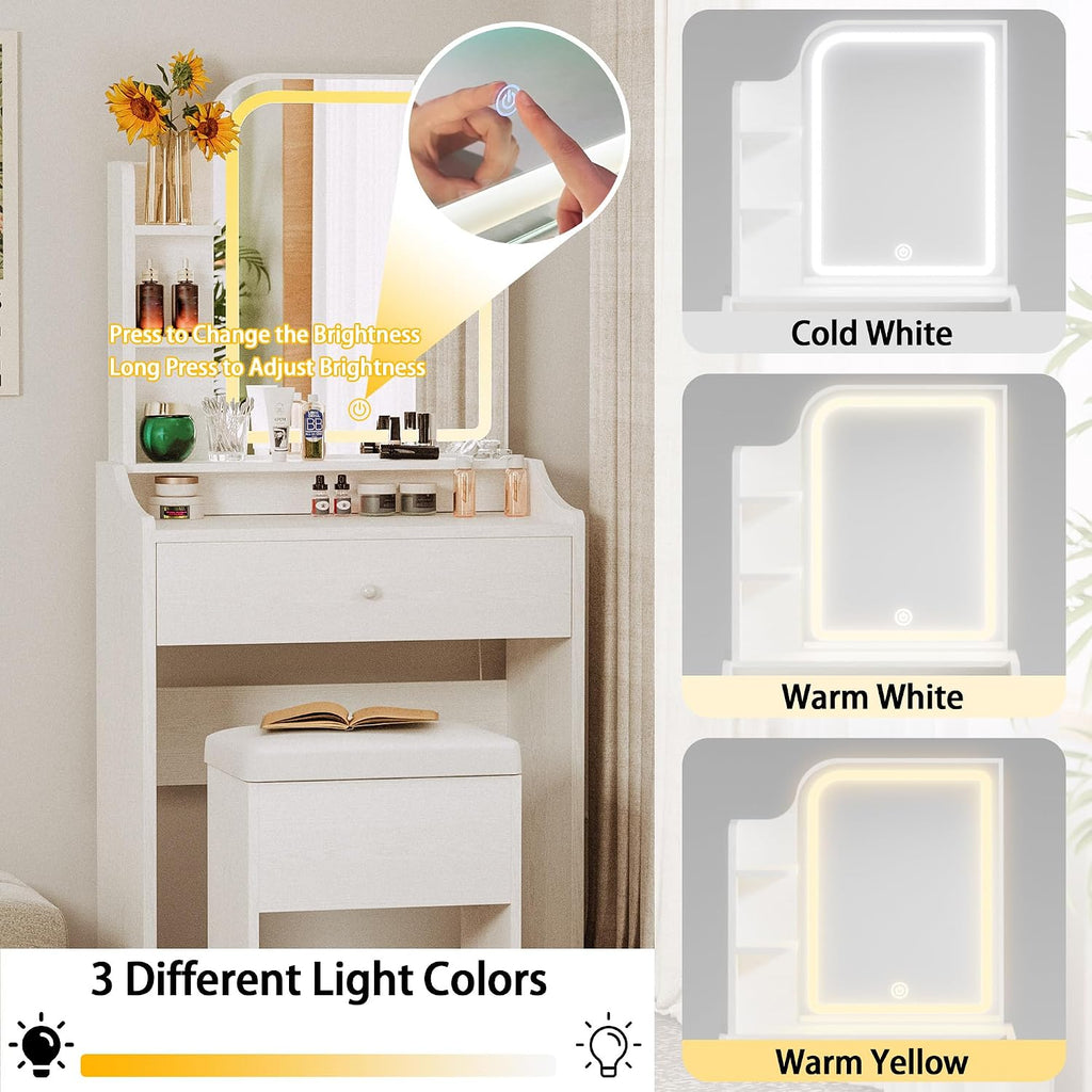 Small Vanity Desk with Mirror Lights and Storage Stool | White compact vanity with 3 light modes, charging station
