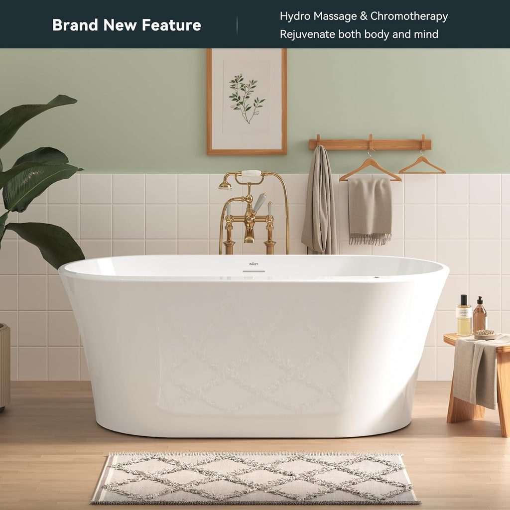 Mauritius 59 Inch Acrylic Freestanding Whirlpool Bathtub, Oval with 8 Air Water SPA Jets Morden White Stand Alone