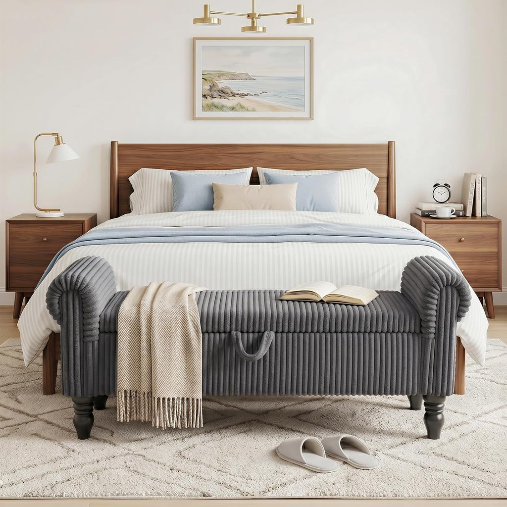 55" Corduroy Bench End of Bed, End of Bed Bench with Storage, Bed Benches with Rolled Arms, Upholstered Storage Bench