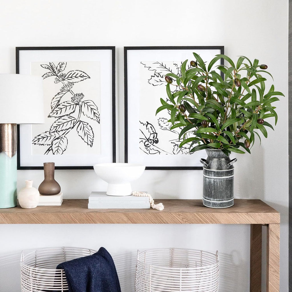 Artificial Olive Branches with Rustic Metal Vase 19in Realistic Faux Olive Greenery Stems Faux Potted Plant Room