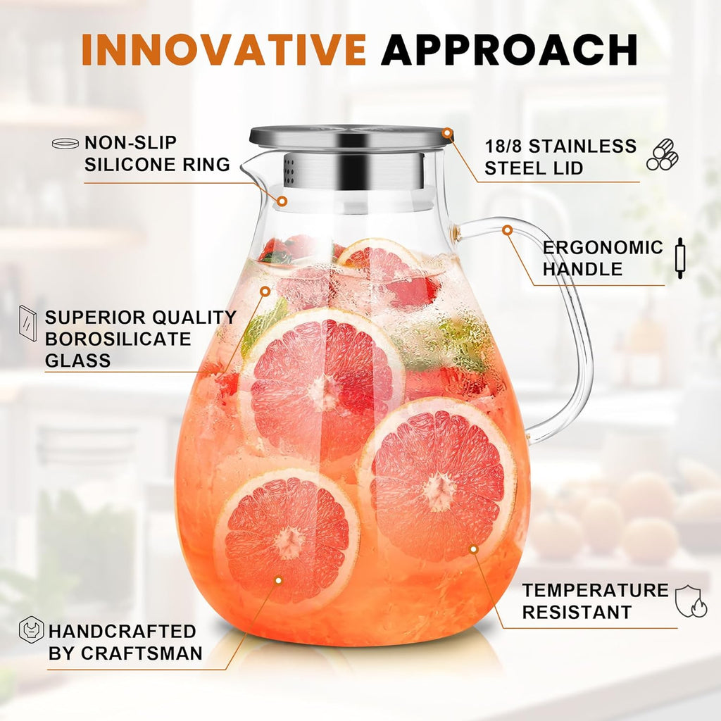 3 Litre 101oz Glass Pitcher Jar with Lid and Nozzle, 3.17Quart Cold/Hot Water Glass Water Bottle, Ice Tea for