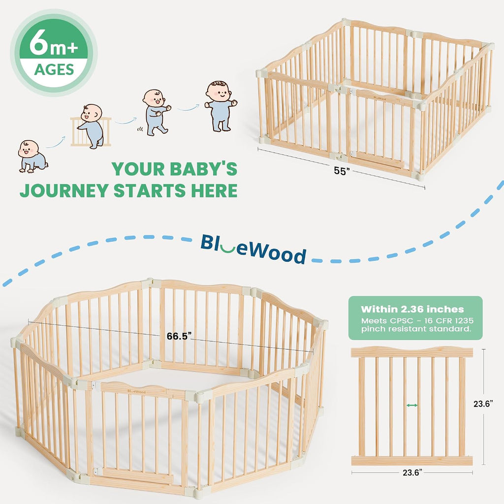 Foldable Wooden Playpen - Adjustable Wood Baby Play Yard with Child-Proof Lock, 12 Panels