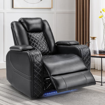 Electric Power Recliner Chair with Adjustable Headrest,Breathable Faux Leather Home Theater Seating with Ambient Lighting,Cup Holders,Hidden Arm Storage,USB,Type-C Ports,Black