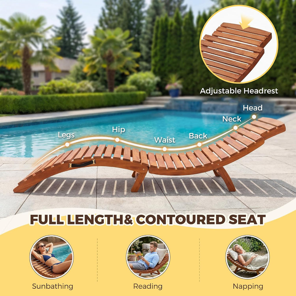 Lounge Chair Outdoor Acacia Wood with Side Handle (2 Pieces) | Foldable Pool Lounge Chairs, Outdoor Lounge Chairs