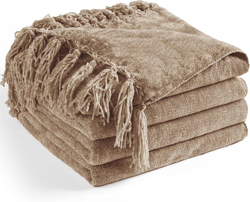 Chenille Throw Blanket, Soft Cozy Throws with Fringe Tassel, Lightweight Knitted Decorative Boho Blankets, Taupe
