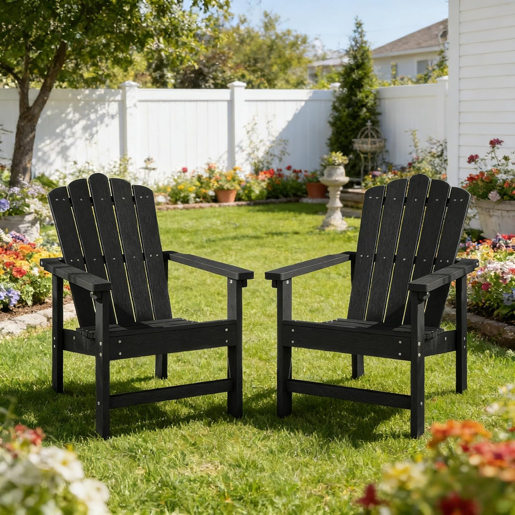 Stackable Adirondack Chairs Set of 2,HDPE,Black | Durable, All-Weather Patio Seating with Wood Texture, Low