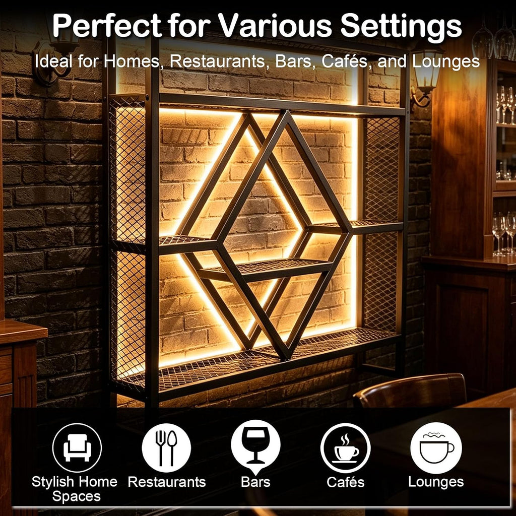 Wall Mounted Wine Rack with LED Light, 39.4in Industrial Metal Wine Bottle Display Shelf with Wine Glass Holder,Large