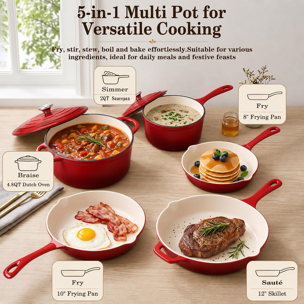 5-Piece Enameled Cast Iron Cookware Set with Lids