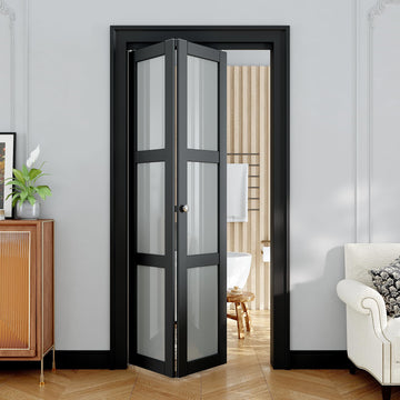 Bifold Doors for 36"x 80" Opening, 3-Lite Tempered Frosted Glass Bifold Closet Doors wit Hardware Kit, Pre-Assembled