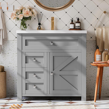 Bathroom Vanity with 30" Sink, Modern Wood Pedestal Bathroom Spacious Storage Space Cabinet with Drawer, Gray