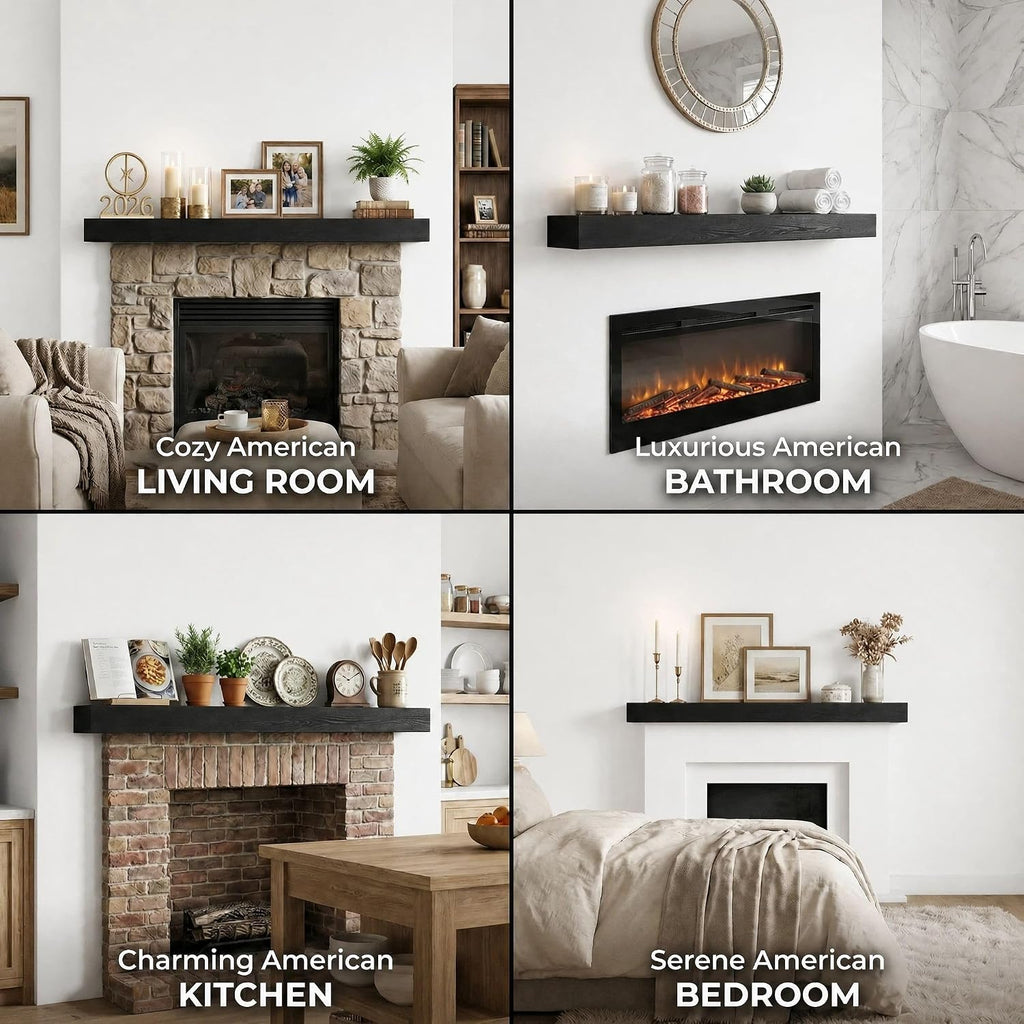 48 Inch Solid Wood Fireplace Mantel Shelf, Matte Black | 70 LBS Capacity, Easy to Install, Modern Farmhouse Floating
