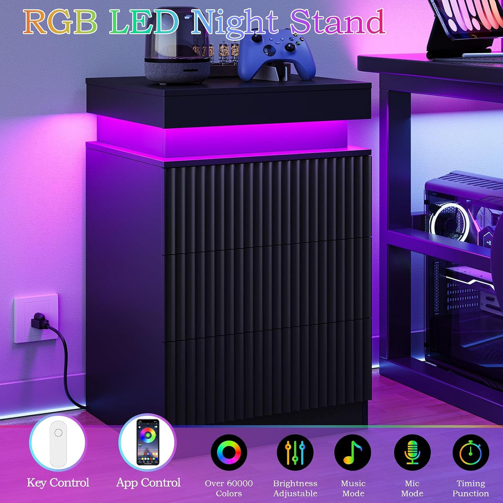 Nightstand with Charging Station and LED Lights, Modern Black Night Stand with Sliding Top, Fluted Bedside Table with