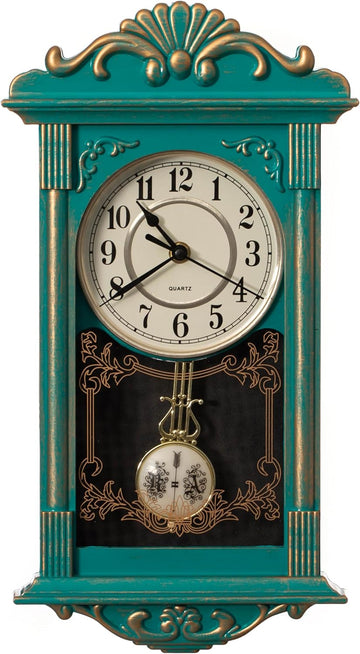 Vintage Grandfather-Style Wall Clock with Wood-Effect Plastic Pendulum, Battery-Operated - for Home Decor, Living Room, Home Office, Kitchen or Dining Room – Green with Distressed Finish