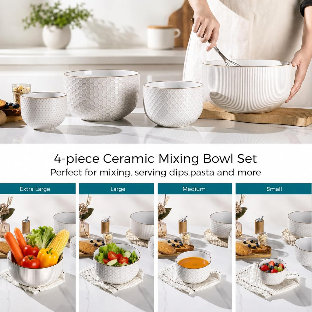 Ceramic Mixing Bowls Set of 4, Stoneware Nesting Serving Bowls | 150/105/45/20 oz For Prep, Baking, Serving, Gift