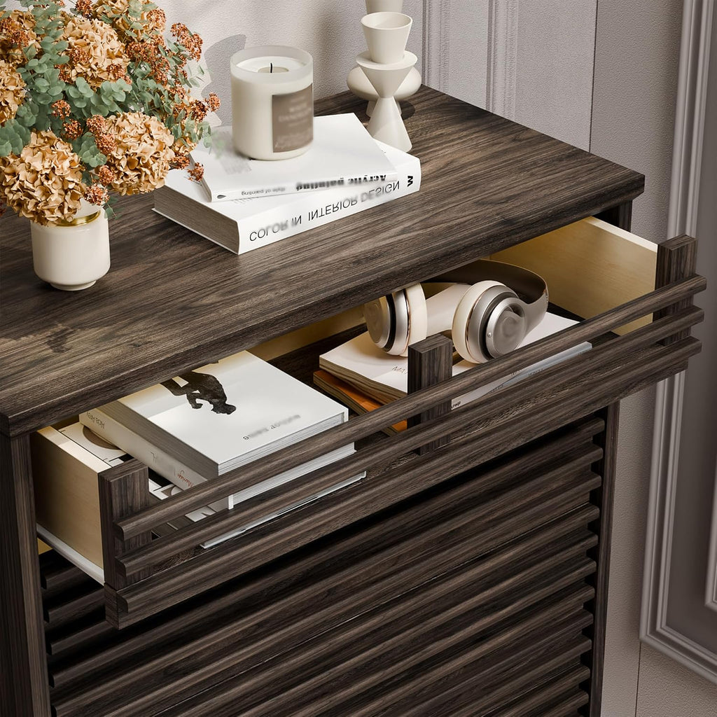 Fluted 5 Drawer Dresser, 46'' Tall Vertical Dresser with Led Light, Farmhouse Brown Wood Chest of Drawers with Grille