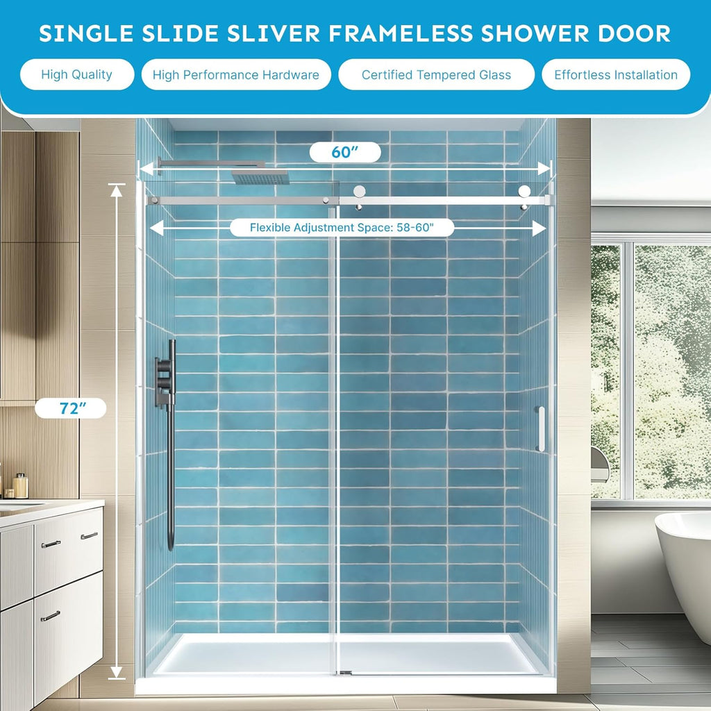 58-60" Wx72 H Frameless Reversible Single Sliding Shower Door, 1/4" Clear SGCC Tempered Glass