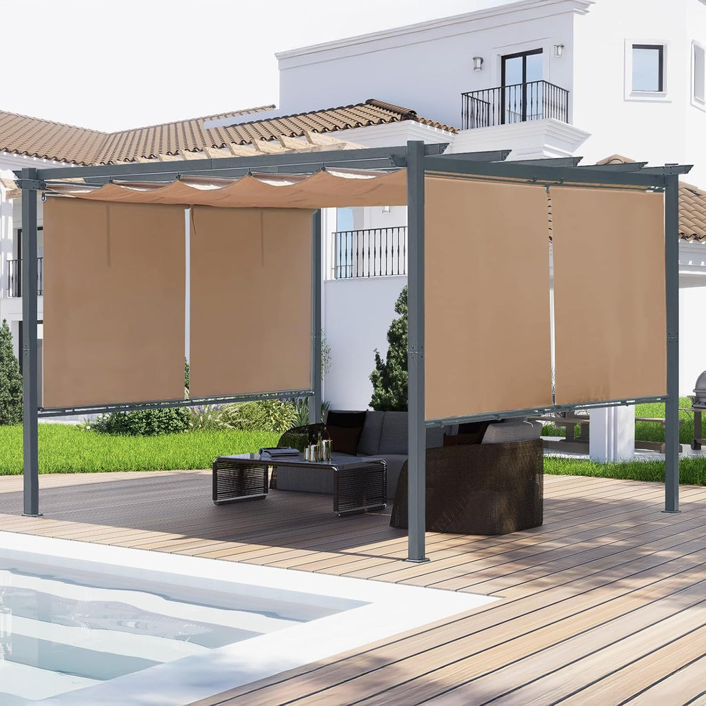 12 x 12 ft Outdoor Pergola with Retractable Shade Canopy, Matte Aluminum Frame, 4 Roller Shade Curtains