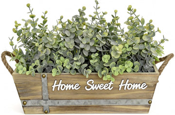 Artificial Eucalyptus Table Centerpiece in Wooden Box, Faux Greenery Arrangement with "Home Sweet Home" Sign, Jute