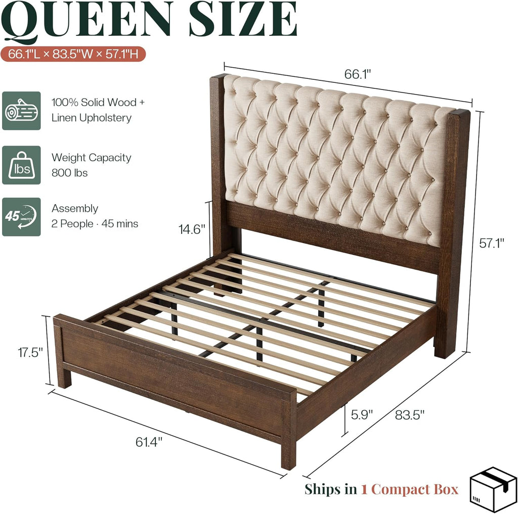 Solid Wood Queen Bed Frame, 57" Tall Farmhouse Platform Beds, Upholstered Line Wingback Headboard, Deep Button
