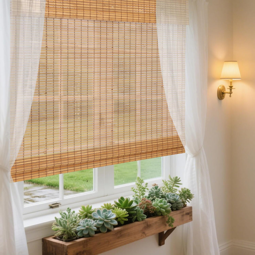 Roman Shades, Exclusive Cordless Natural Woven Wood Bamboo Roman Shades, Custom Blackout Bamboo Window Shades for Indoor Windows