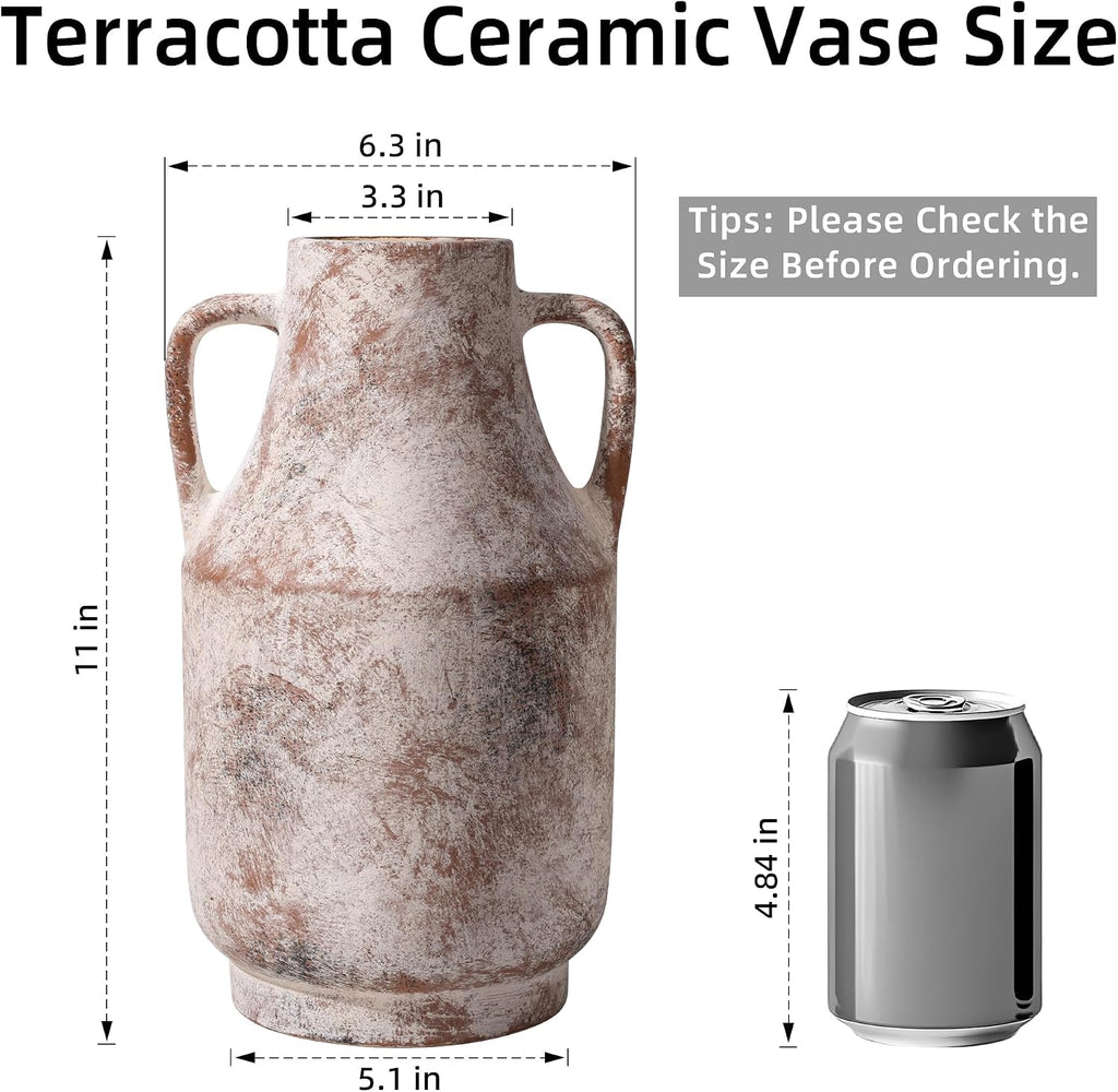 Ceramic Flower Vase with Handles, 11 Inch Tall Rustic Vase, Large Terracotta Pottery Vase