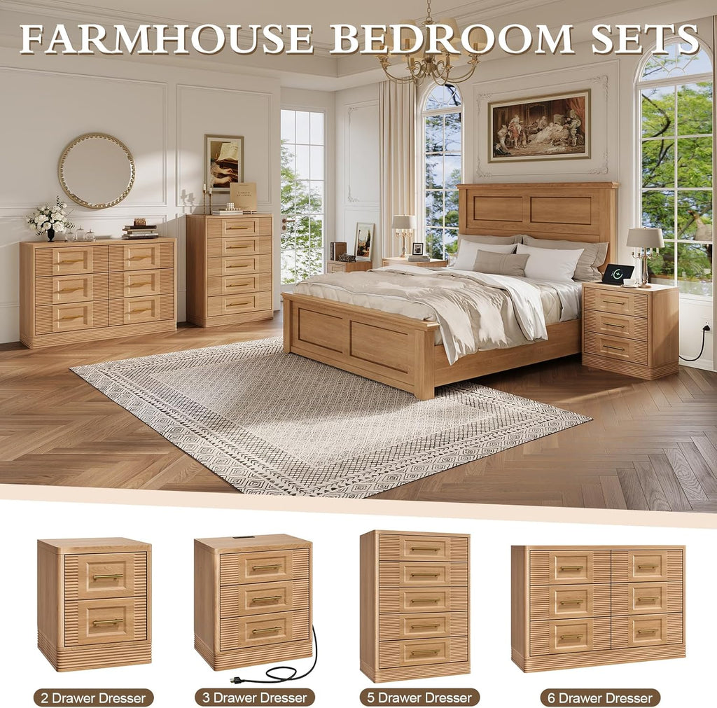 Farmhouse 5 Drawers Dresser , 44" Tall Modern Chest of Drawers, Wooden Curved Dresser Organizer , Natural Oak