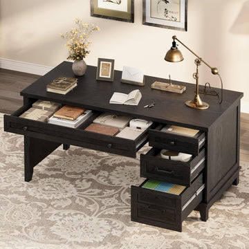Farmhouse Executive Desk with Drawers, 53.54 in Home Office Desk with Charging Station