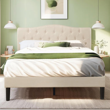 Queen Platform Bed Frame with Fabric Upholstered Headboard and Wooden Slats Support