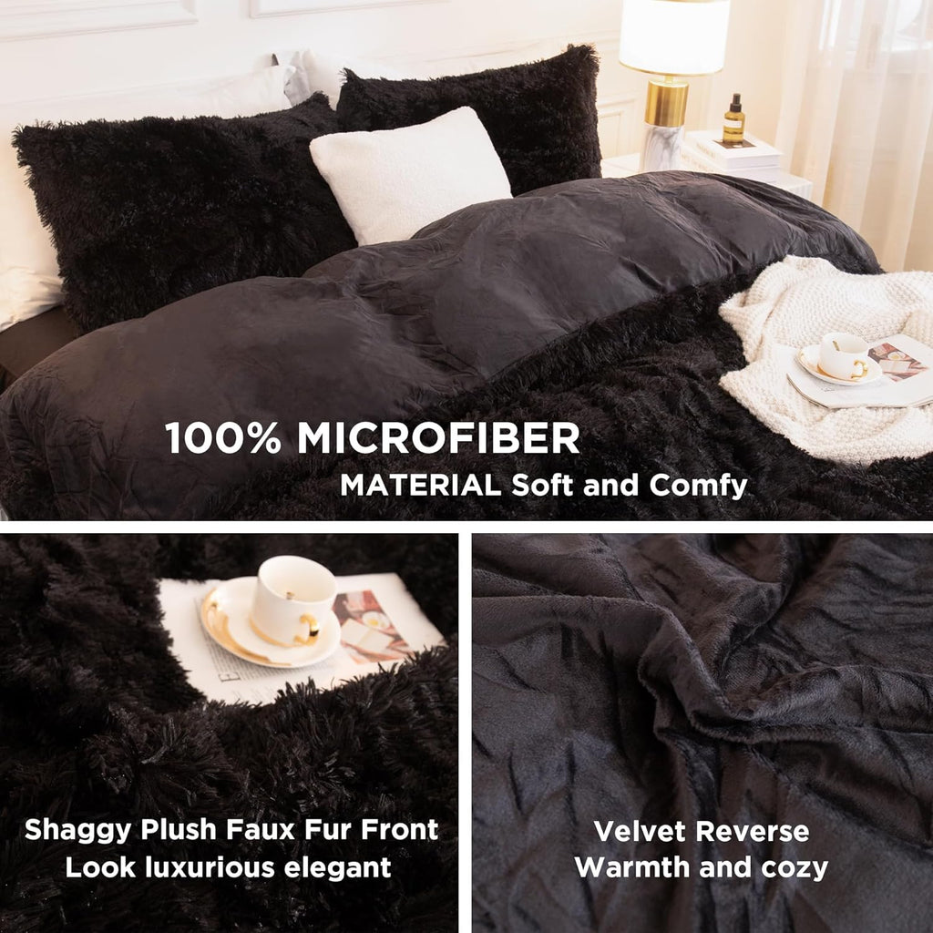 Comforter Set Black, Fluffy Winter Faux Fur Warm Soft Plush Bedding Comforter Set (1 Velvet Comforter & 2