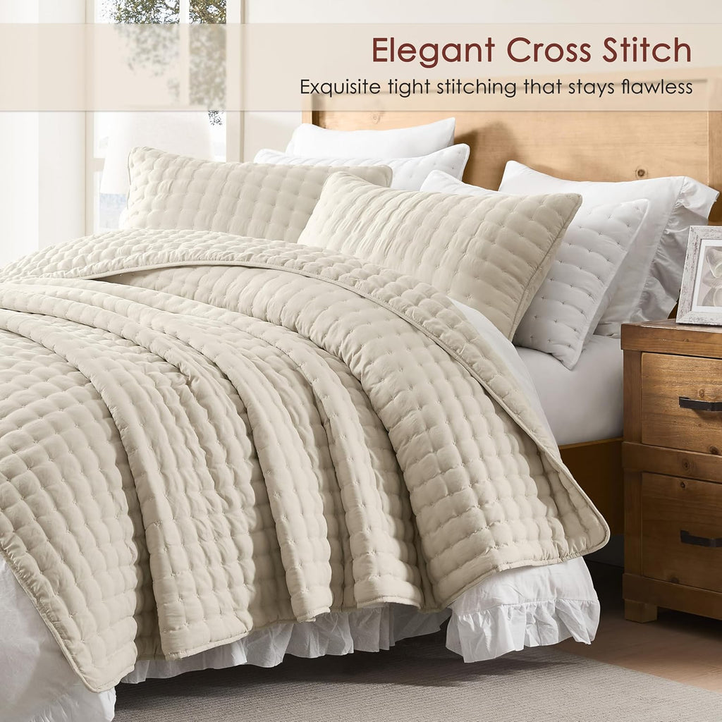 Beige Quilts Bedding Sets with 2 Pillow Shams, Neutral Lightweight Soft Bedspread Coverlet, Quilted Blanket