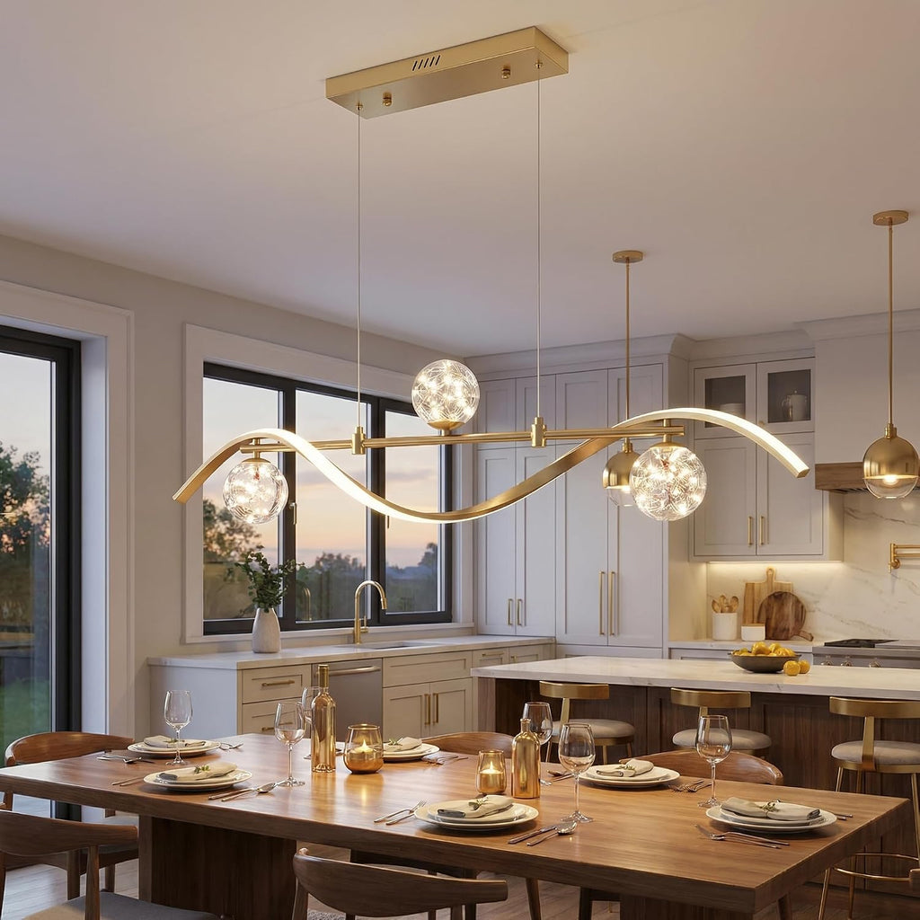 Modern 40.2 Inch Gold Linear LED Chandelier, Dimmable Kitchen Island Lighting with Remote, 4-Light Hanging Pendant