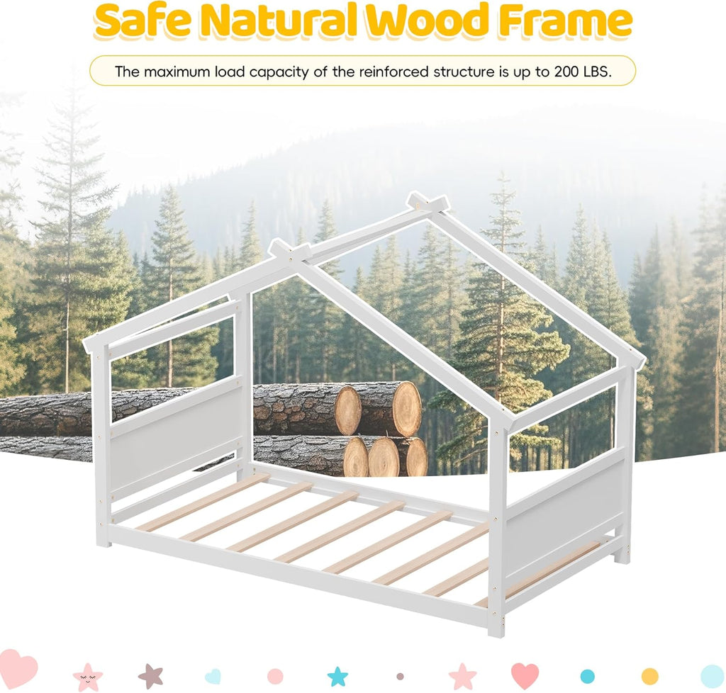 Tw Bed, Montessori Floor Bed with Headboard & Footboard, Solid Wood Bed Frame for Toddlers Kids Bedroom, White