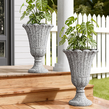 Tall Plastic Urn Planters and Pedestal - 24" Outdoor Planter Grey