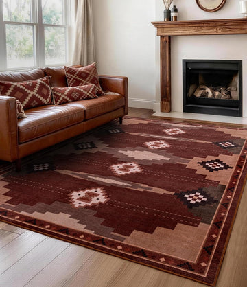 Washable Western Red Aztec Area Rug