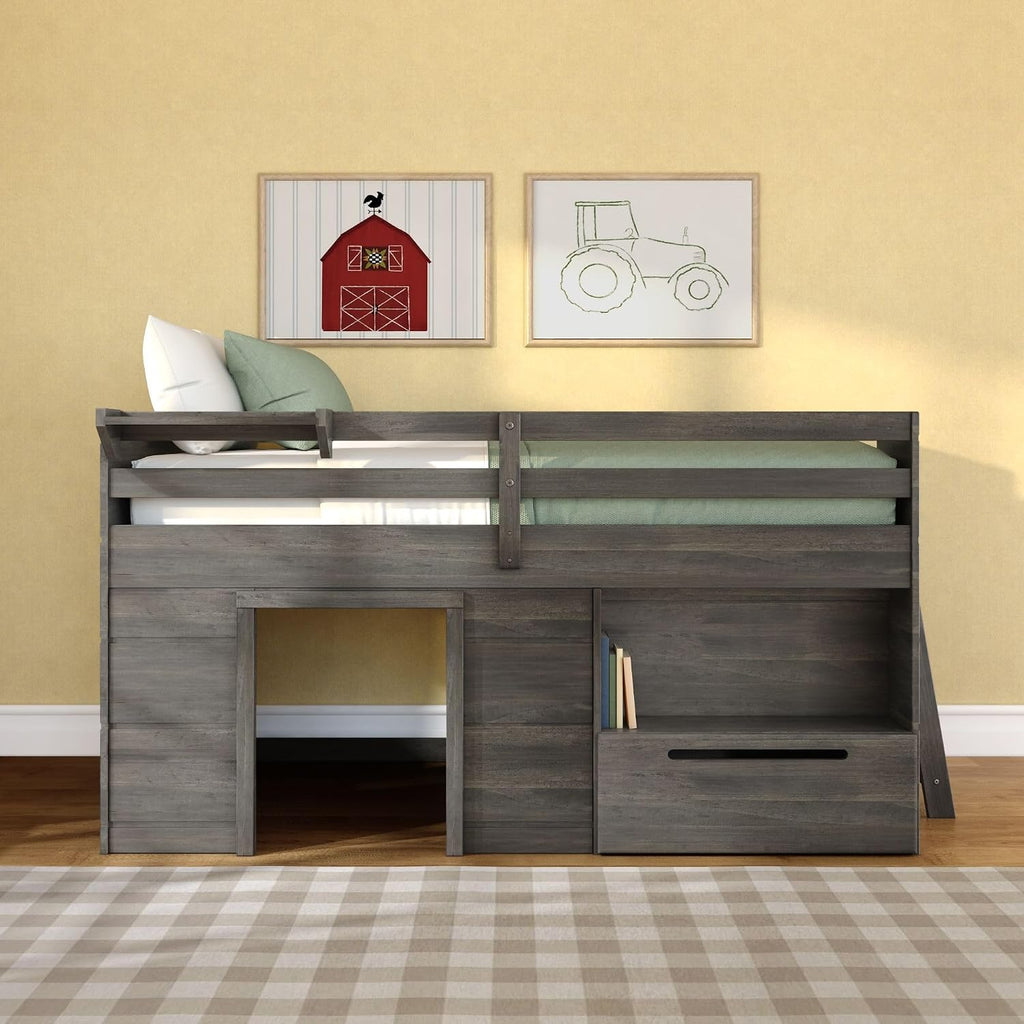 Loft Bed Twin, Solid Wood Low Loft Bed with Storage Drawer and Ladder, Modern Farmhouse Loft Bed for Kids, Driftwood