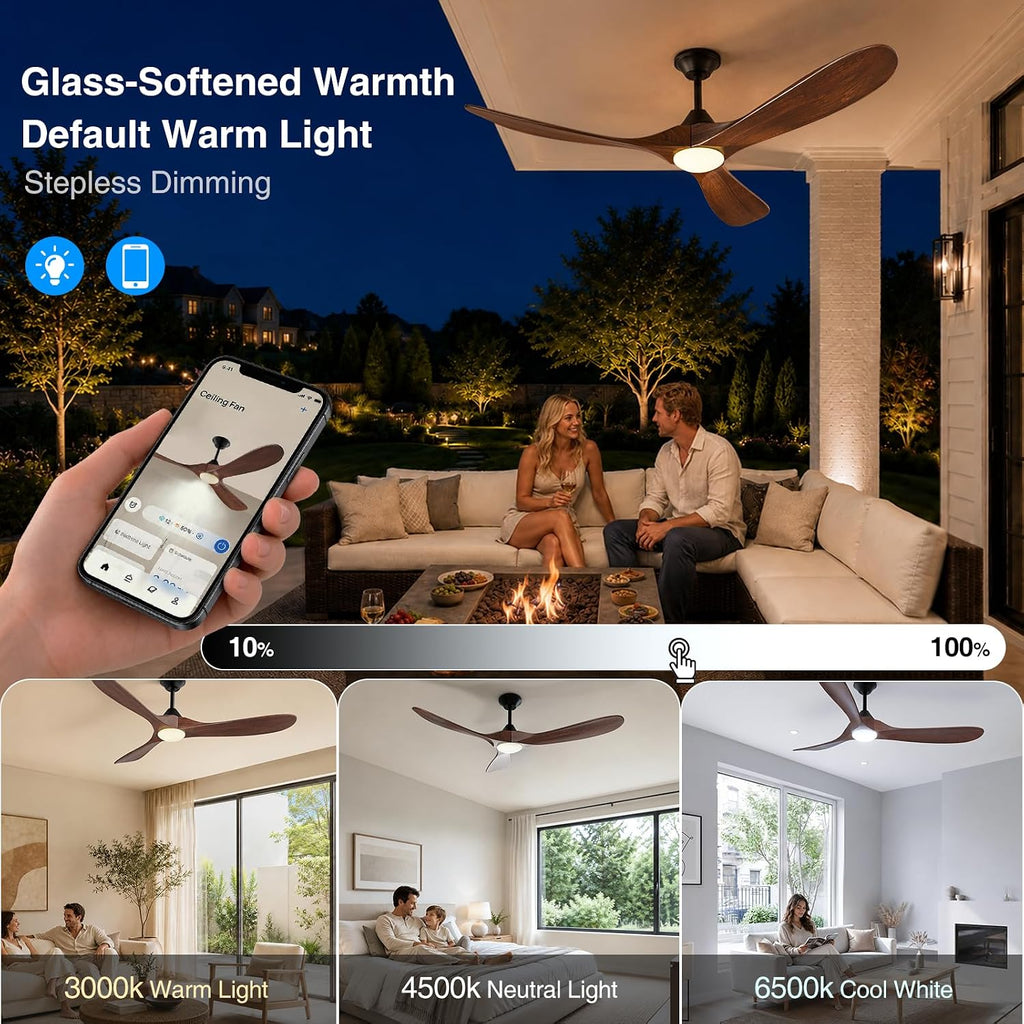 Wall Switch-60 inch Outdoor Ceiling Fan with Light Remote for Patios, Wet Rated Wood 3-Blade Propeller Ceiling Fans