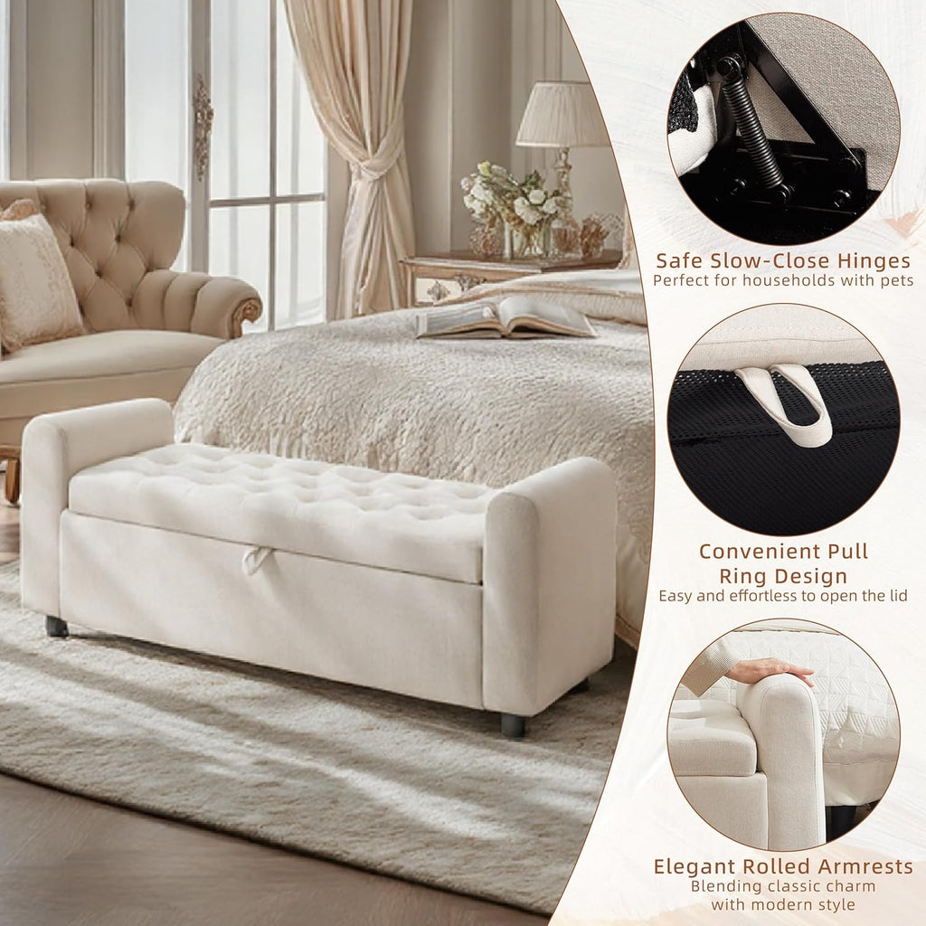 48" Ottoman with Storage, Tufted Storage Ottoman Bench, Convenient Living Room Fabrics Bench Seat, Entryway Shoe