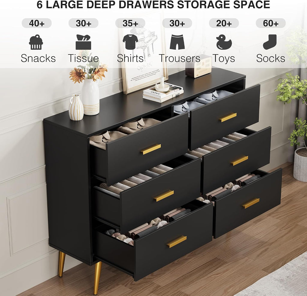 6 Drawer Dresser, Chest of Drawers with Gold Handles, Black | Wooden Modern Deep Drawers