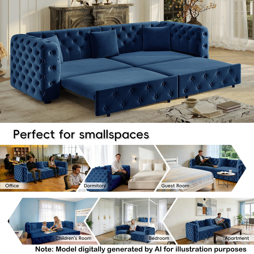 89'' Velvet Chesterfield Sleeper Sofa, King Couch Bed, Midnight Blue