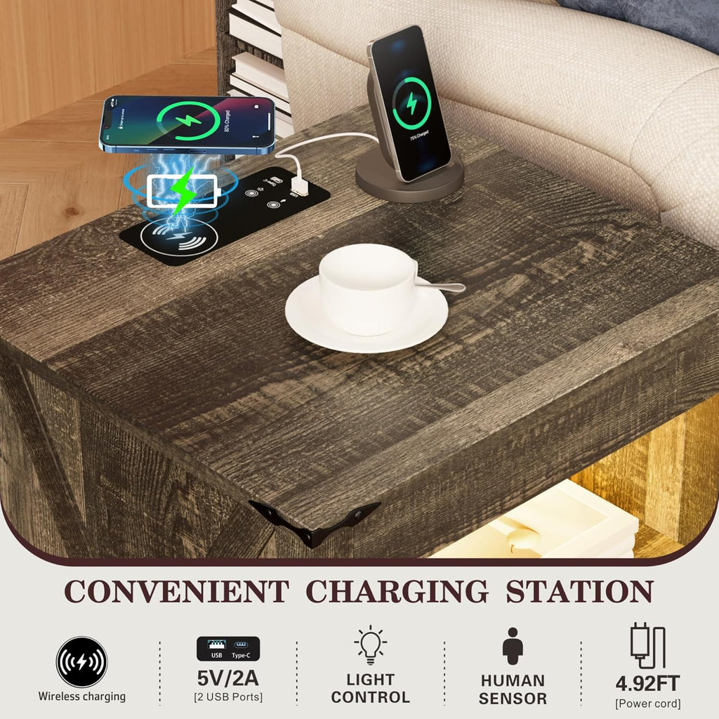 Nightstands Set of 2 with Gun Drawer, Farmhouse Bedside Table with Charging Station, Gun Night Stand with LED Light &