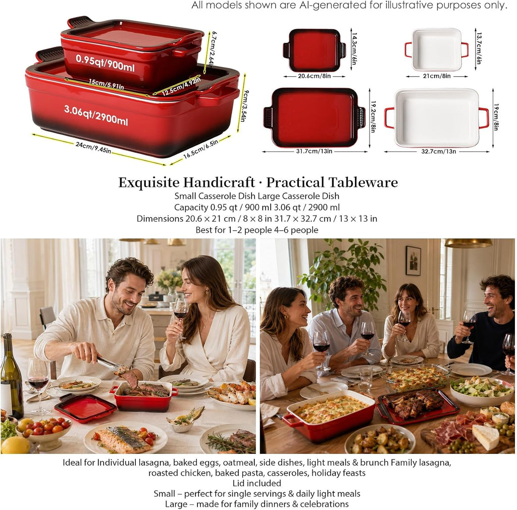 Ceramic Casserole Dish with Lid 6 Pcs, 2-in-1 Dish Set Stoneware Dishes for Oven, (13"x8"+8"x6"), 3.06Qt & 0.95Qt