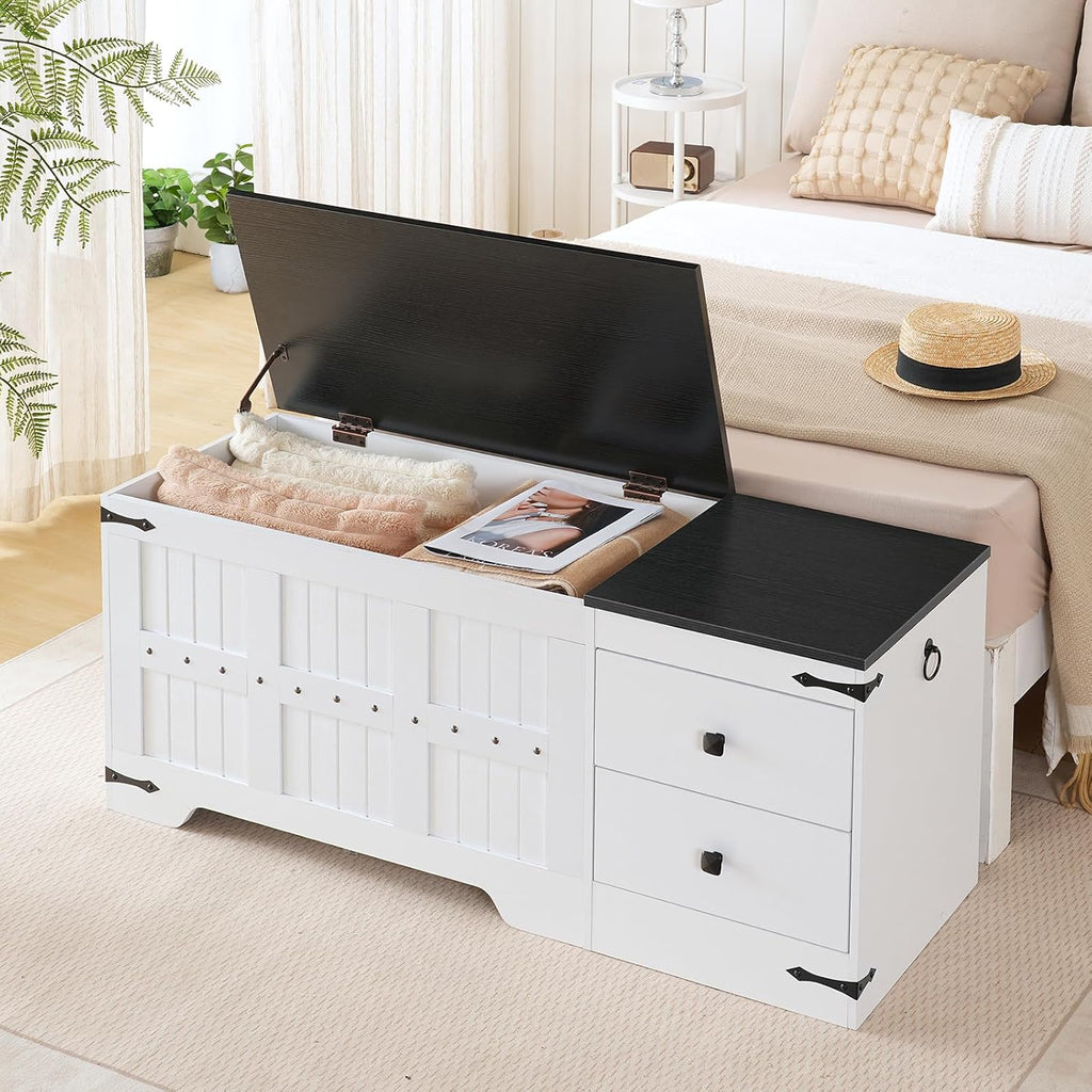 Storage Bench, Toy Box with Dual Drawers and Safe Hinge, Storage Chest with Extra-Long Thick Top, Easy Assembly