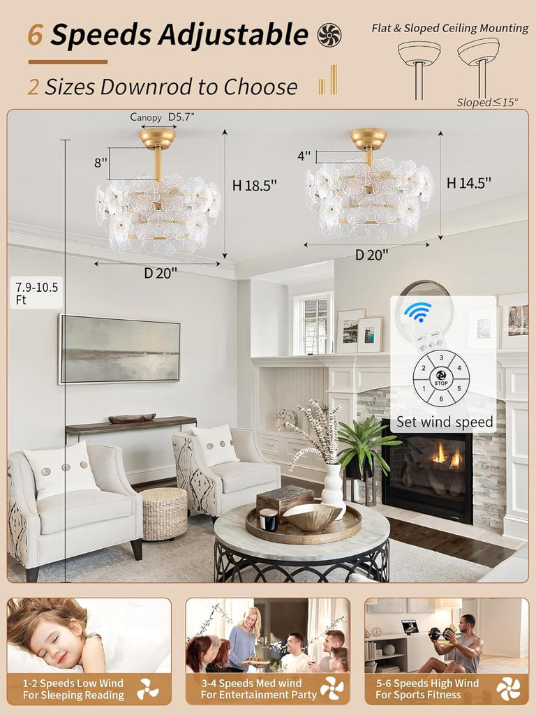 Gold Flower Crystal Ceiling Fan with Lights,20" Caged Fandelier with Remote Control