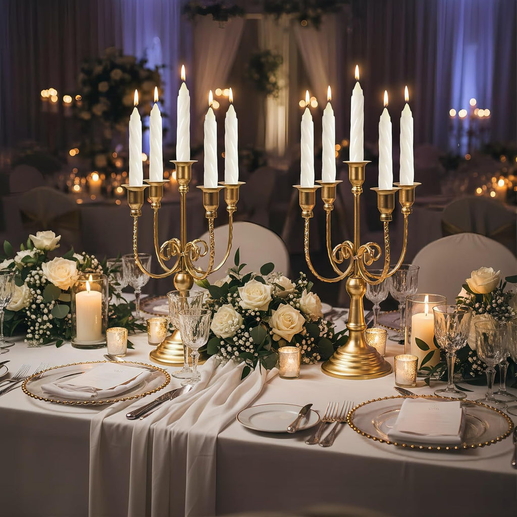 Metal Candelabra Gold Candle Stand 11.8” Tall, 5-Candle Candlestick Holder for Taper Candles, Candle Holder Party