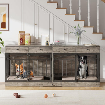 Dog Crate Furniture for 2 Dogs, Dog Kennel Indoor with 4 Storage Drawers and Feeding Bowls